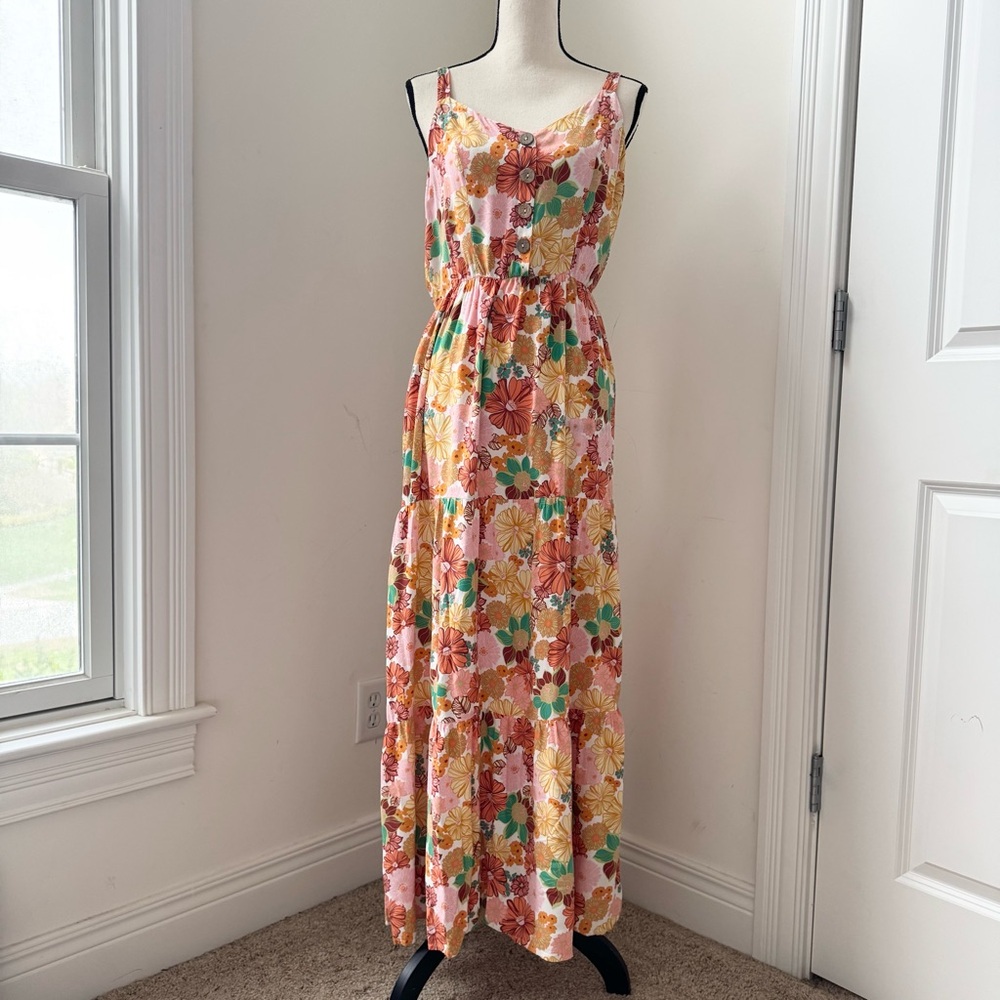 As U Wish Floral Womens Maxi Dress Boho Tie Back Halter Tiered Festival Summer L